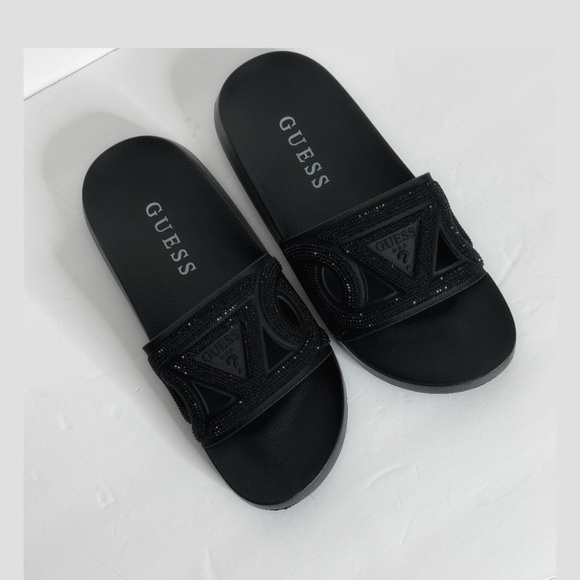 NWT Guess Payca Slides Black Rhinestone Sandals Open Toe Slip Ons Shimmer Sz 9 - Picture 3 of 13